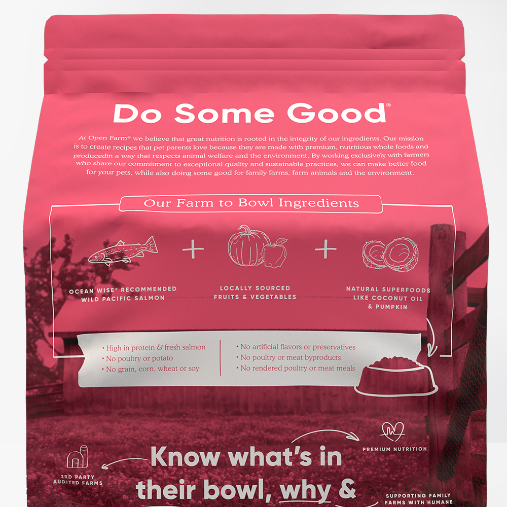 Open Farm Wild-Caught Salmon Dry Cat Food Packaging ingredient transparency