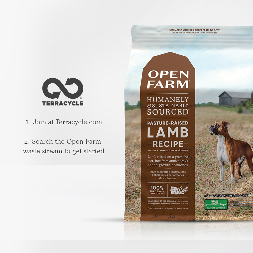 Open Farm Pasture-Raised Lamb Dry Dog Food packaging with recycleable packaging