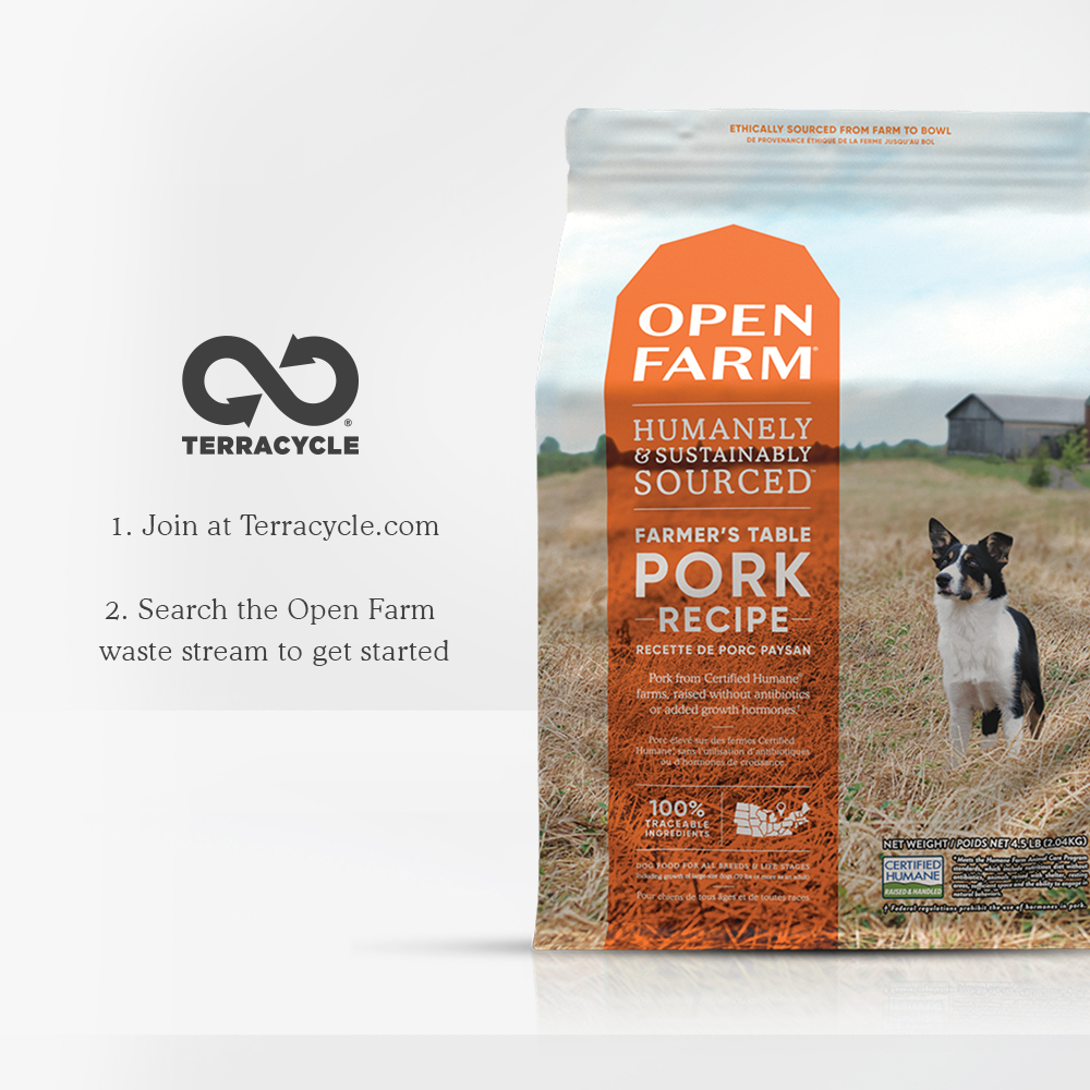 Open Farm Farmer's Table Pork Dry Dog Food with recycleable packaging