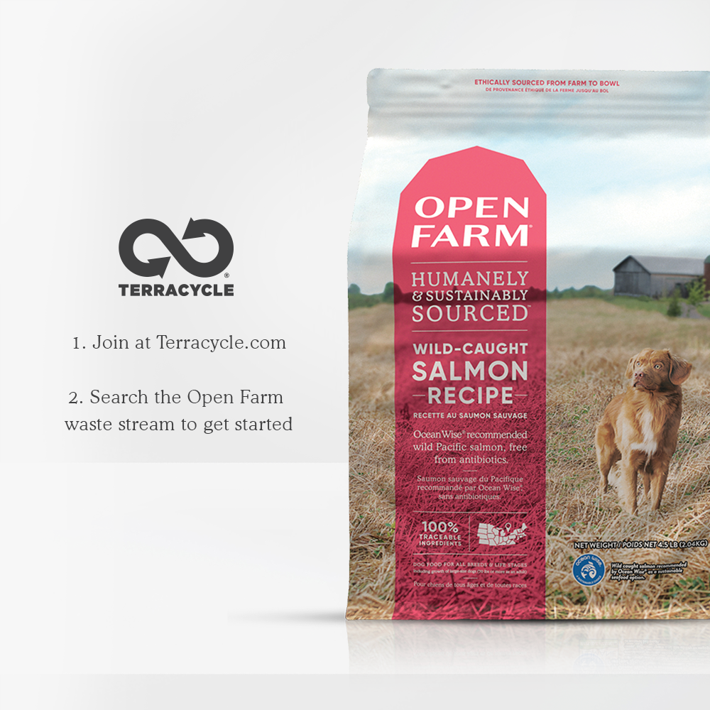 Open Farm Wild-Caught Salmon Dry Dog Food packaging with recycleable packaging