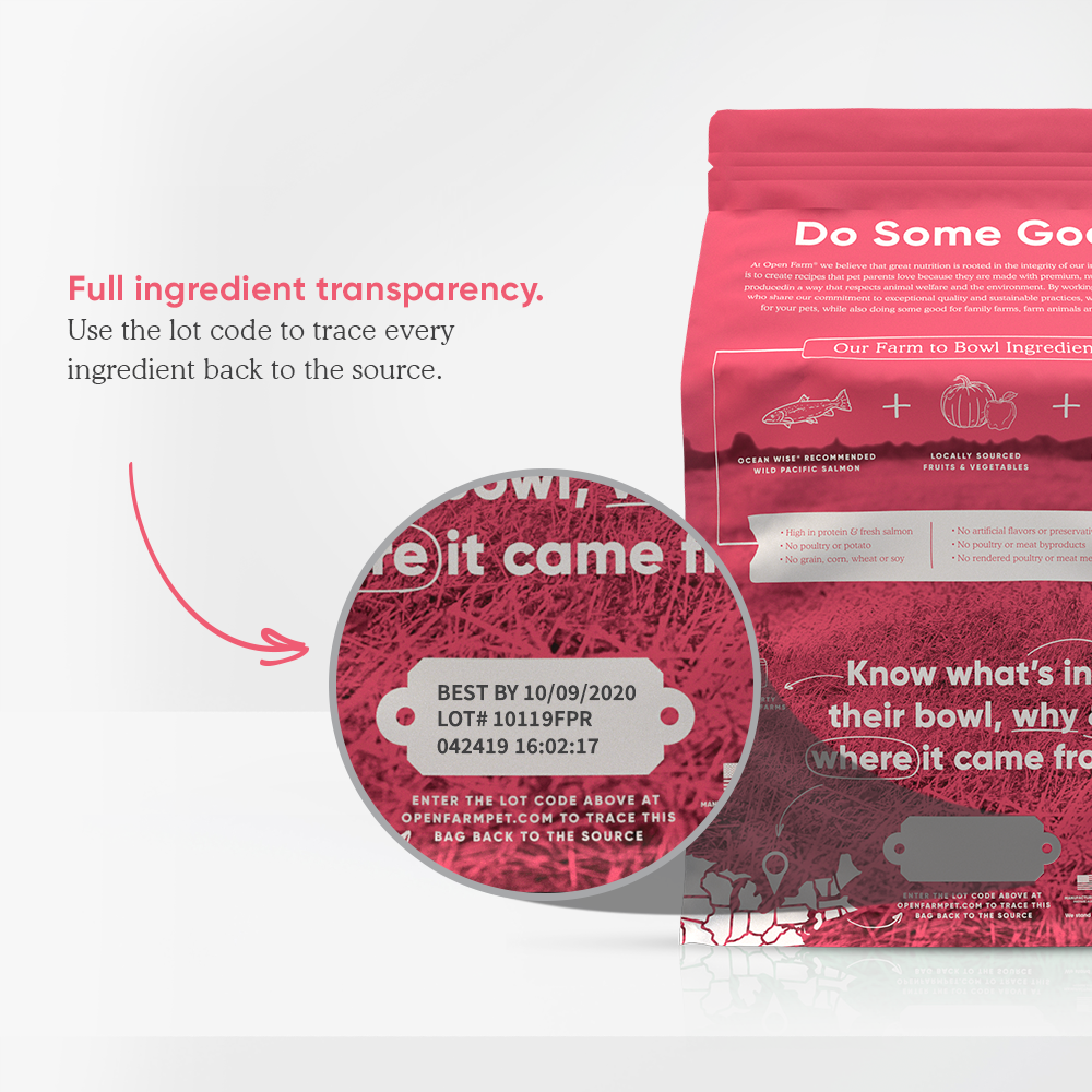 Open Farm Wild-Caught Salmon Dry Dog Food packaging ingredient transparency