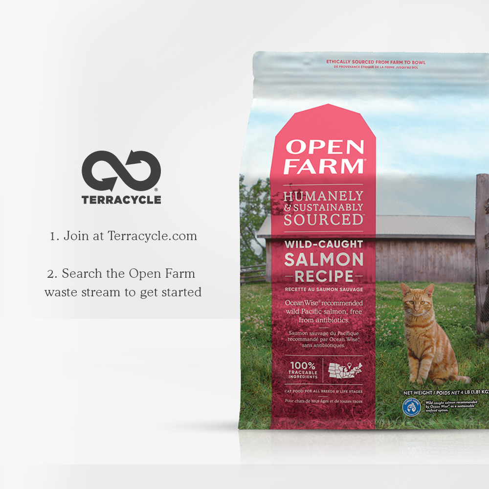 Open Farm Wild-Caught Salmon Dry Cat Food with recycleable packaging  