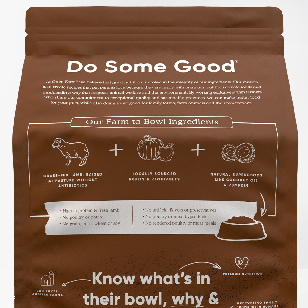 Open Farm Pasture-Raised Lamb Dry Dog Food packaging back 
