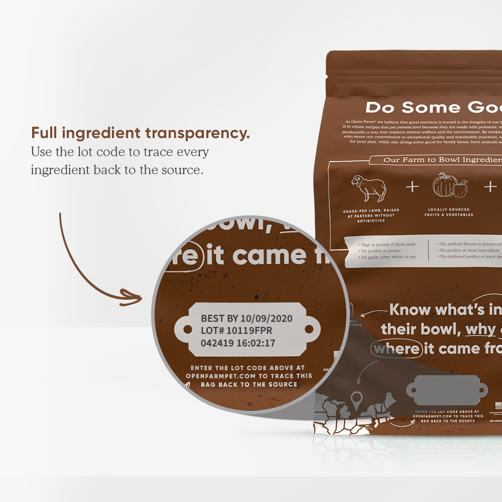 Open Farm Pasture-Raised Lamb Dry Dog Food packaging ingredient transparency 