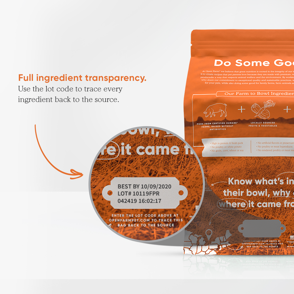 Open Farm Farmer's Table Pork Dry Dog Food ingredient transparency 