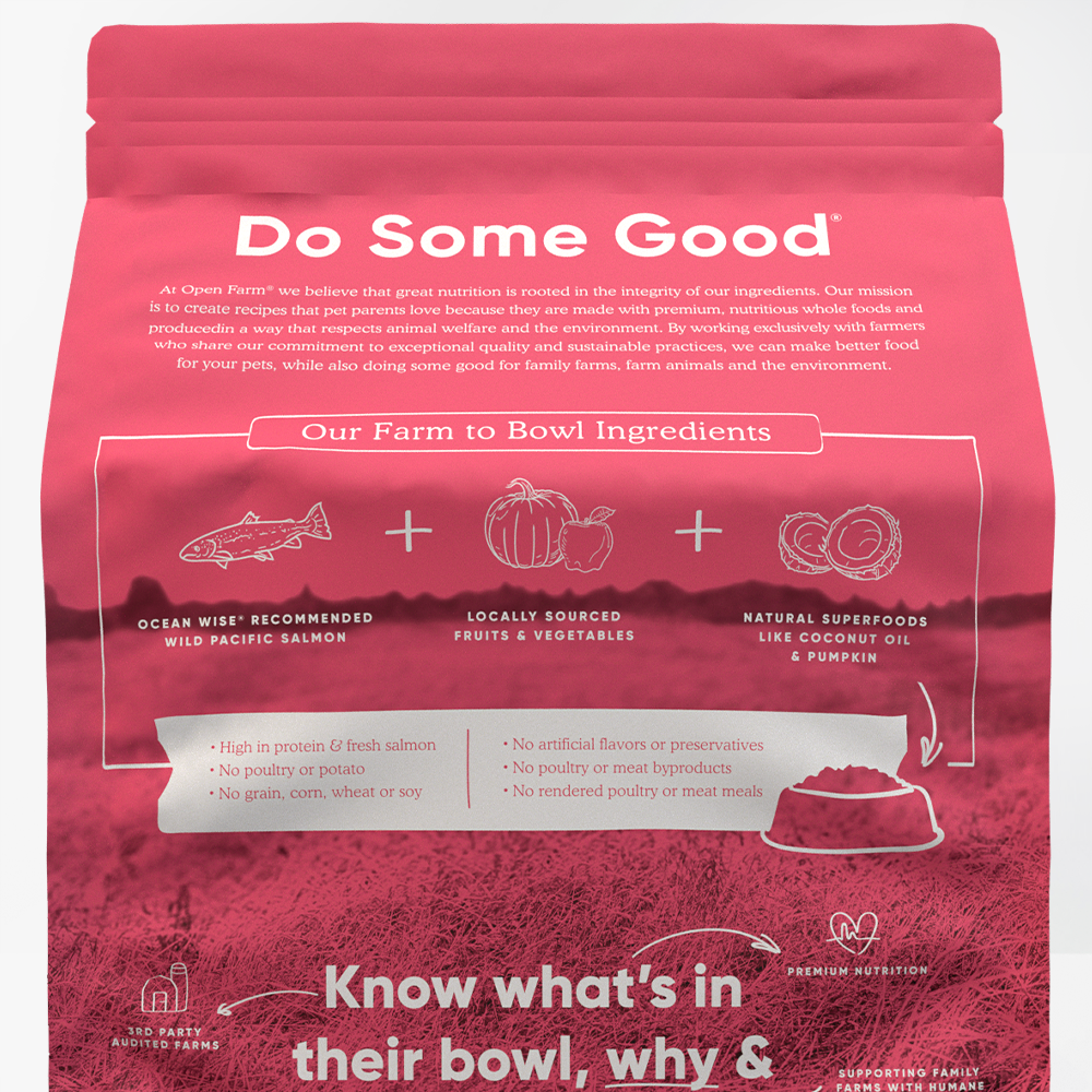 Open Farm Wild-Caught Salmon Dry Dog Food packaging back 