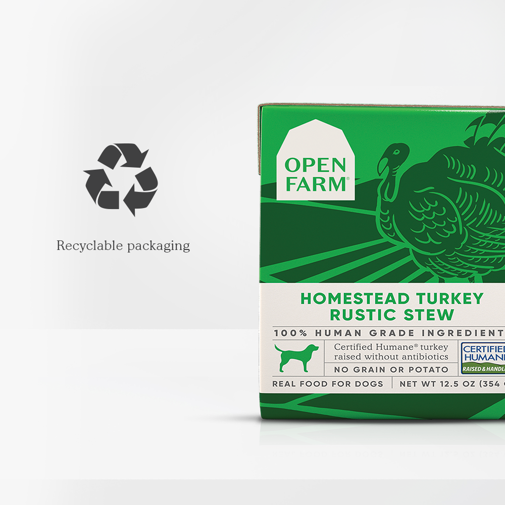Homestead Turkey Rustic Stew Wet Dog Food Recyclable Packaging Through Terracycle| Open Farm